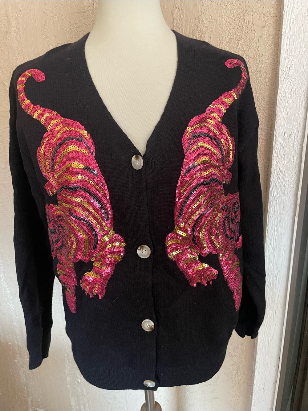 Bibi Black Cardigan Sweater with Sequin Tiger Motif